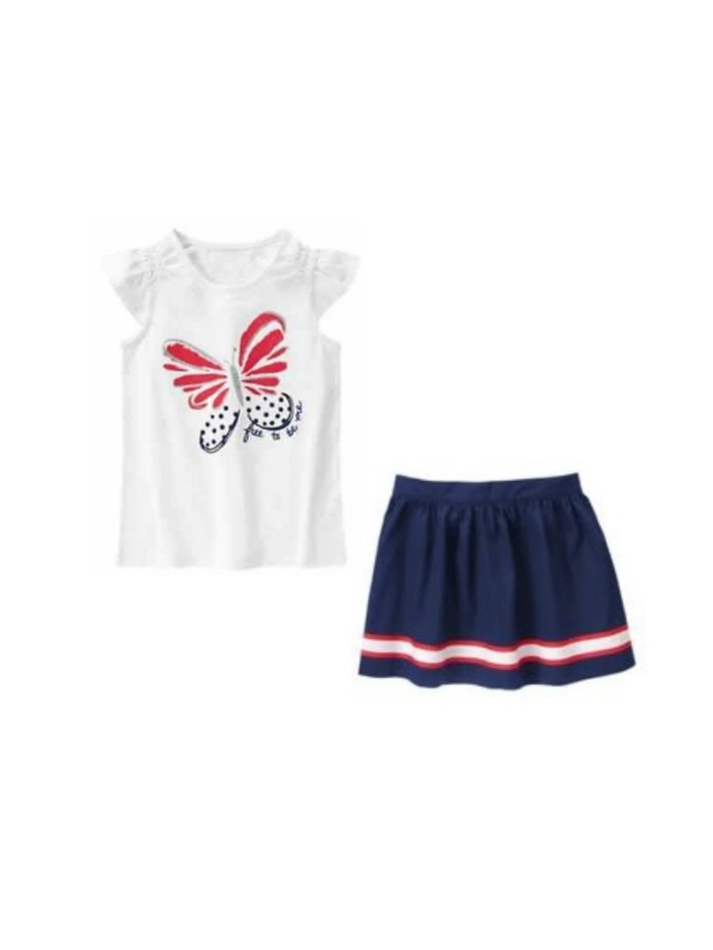 NWT Gymboree Girls 4th of July White Butterfly Tee & Navy Stripe Skirt Set